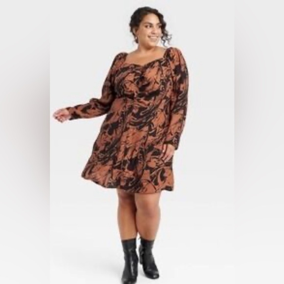 a new day Dresses & Skirts - A New Day Black and Brown Abstract Long Sleeve Dress